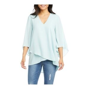 NWT Women’s Blouse Karen Kane Asymmetrical Teal Crepe Rushed Sleeve V-Neck Top